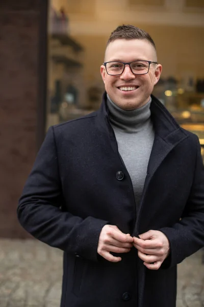 Successful Smiling Man Glasses Dressed Gray Sweater Black Cashmere Coat — Stock Photo, Image