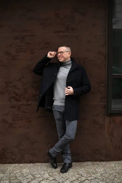 Portrait Handsome Intelligent Businessman Black Glasses Sweater Grey Throusers Black — Stock Photo, Image