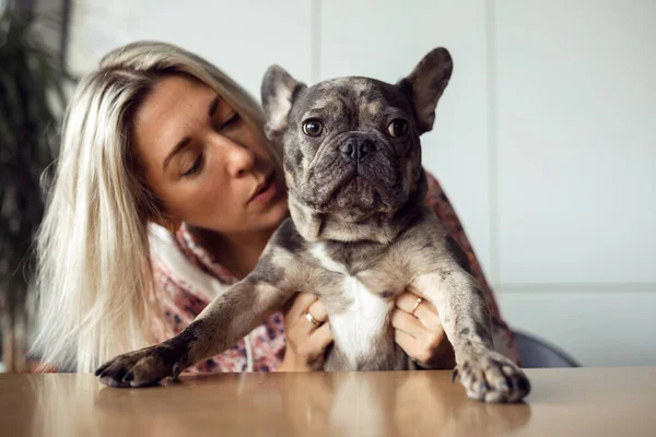 Charming French bulldog listens attentively to what his owner says in his ear. Maintenance and care of dogs. Healthy pets. Happy moments. Positive emotions. Friendship and mutual understanding.
