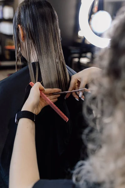 Cropped photo of woman with long pink nails hairdresser hairstylist making hairstyle cutting tips ends of long dark hair, holding scissors, pink barber comb near ring lamp. Beauty blogger. Vertical.