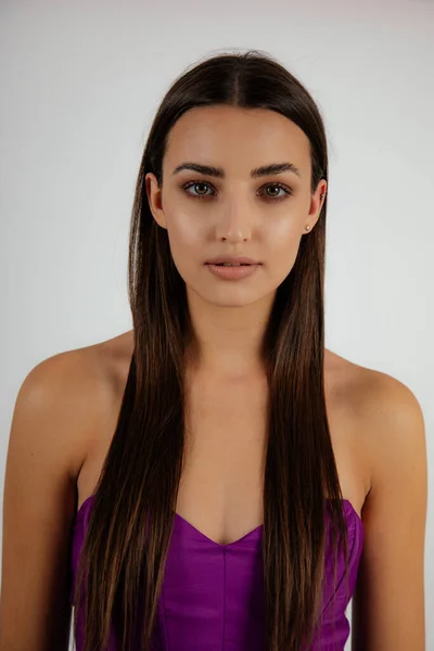 Portrait Young Gorgeous Woman Long Dark Hair Make Wearing Purple — Stock Photo, Image