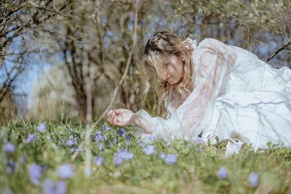迷人的年轻女士 穿着婚纱 半透明的袖子倾向于生长在绿草上的紫色小花 女人蹲着准备采花 — 图库照片