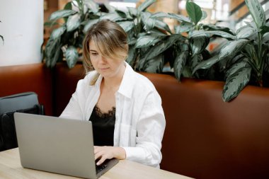 Genç serbest çalışan, at kuyruklu, kahverengi deri koltukta oturan masa bitkilerinin önünde dizüstü bilgisayarda yazan bir kadın. Beyaz gömlek giyen ve siyah dantelli elbise giyen bir kadın kafede çalışıyor..