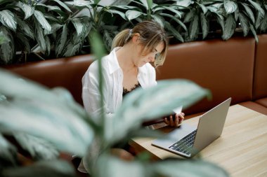 Laptopun önündeki kahverengi deri koltukta otururken dizüstü bilgisayara bakan kadın serbest çalışan bir yaprak. Beyaz tişörtlü, at kuyruklu bir kadın kafede çalışıyor..