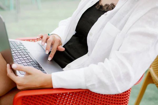 Close Working Lady White Shirt Black Lace Dress Holding Laptop — Stock Photo, Image