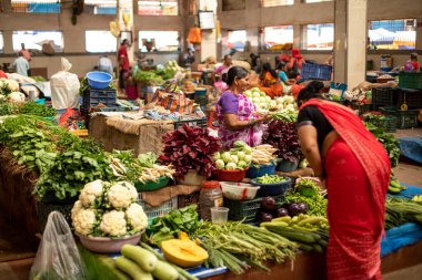 Goa, Hindistan, Şubat 2023. Kırmızı sarili Hintli kadın satıcının tezgahın üzerine eğilip çeşitli taze yeşil sebzeleri, organik gıdaları geleneksel sokak pazarında satışa sunuşunun arka görüntüsü..