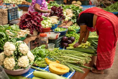 Goa, Hindistan, Şubat 2023. Çıplak ayaklı tombul Hintli kadın tezgahın üzerine eğiliyor, yeşil kabakları yerel markette satılmak üzere farklı sebzelerin arasına koyuyor..