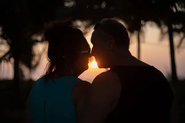 Back view of senior couple standing near palm trees at sunset, looking at each other, embracing hugging, enjoying vacation, kissing. Travelling, beauty, relationship, love, happy retirement, resort.
