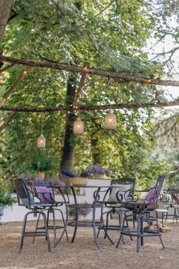 Uzun ağaçlarla çevrili çakıl taşlı alanda dövülmüş siyah masa ve sandalyeler lavanta buketleriyle süslenir. Doğada yaz gününün tadını çıkarmak için ideal bir yer. Moda tasarımı. Güneş lavantasının kokusu.. 