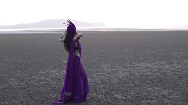 一位身穿传统服装 头戴珠宝的美丽舞者在荒芜的海滨表演了印度民间舞蹈 世界各国人民的传统 旅游和旅行 4K镜头 — 图库视频影像