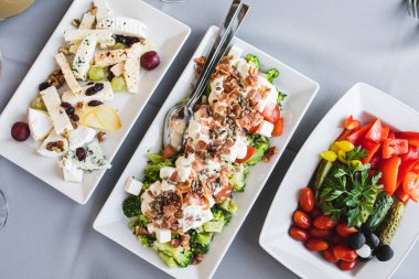 Peynir dilimli beyaz porselen tabaklar, çeşitli sebzeler ve oteldeki soğuk aperatifler, restoran. Yemek tabağı. Zevk alıyorum. Uzmanlık alanları ve tarifler. Menü için resim. 