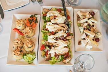 Güzel bir masa, et ve soğuk mezeler. Restoranda, kafede. Zevk alıyorum. Uzmanlık alanları ve tarifler. Soğuk atıştırmalıklar. Restoran menüsü için resim.