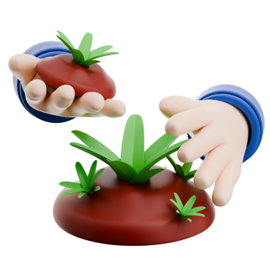 Çok yönlü kullanım için şeffaf bir arkaplan ile büyüme ve yetiştirme temaları vurgulanan zengin kahverengi toprağın üzerine nazikçe yeşil çimen eken ellerini tasvir eden canlı bir 3D simgesi