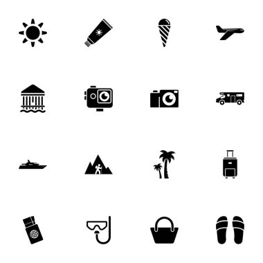 Turizm simgesi - herhangi bir boyuta - herhangi bir renge genişlet. Plaj, güneş, kartpostal, uçak, krem, avuç içi, pasaport, hindistan cevizi, sandalet, deniz, bungalov, bilet, ada gibi simgeleri içerir