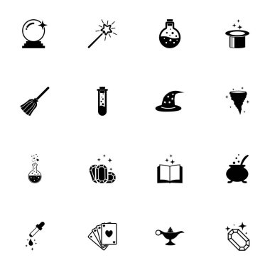 Magic icon - Expand to any size - Change to any colour. Perfect Flat Vector Contains such Icons as witch hat, fortune telling ball, love poison bottle, aladdin lamp, wizard wand, gems, potion, broom clipart