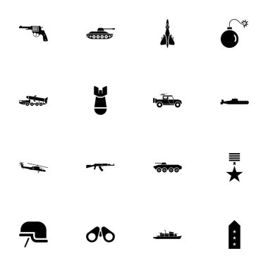 Askeri simge - herhangi bir boyuta genişlet - herhangi bir renge değiştir. Mükemmel Düz Vektör, füze taşıyıcı, tank, kask, denizaltı, savaş gemisi, apc, helikopter, savaş bombası, saldırı tüfeği gibi simgeleri içerir..