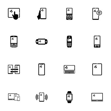 Mobil Aygıtlar simgesi - herhangi bir boyuta genişlet - herhangi bir renge değiştir. Mükemmel Düz Vektör tablet, iletişimci, telefon, oyun konsolu, akıllı saat, not defteri, akıllı telefon, müzik çalar gibi simgeleri içerir