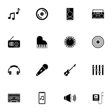 Müzik simgesi - herhangi bir boyuta genişlet - herhangi bir renge değiştir. Perfect Flat Vector notalar, kulaklıklar, boombox, gitar, mikrofon, ses kaydı, vinil kayıt, piyano, radyo, eşitleyici, c gibi simgeleri içerir..