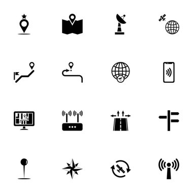 Uydu yön bulma simgesi - herhangi bir boyuta genişlet - herhangi bir renge değiştir. Kusursuz Düz Vektör yolculuk, mesafe, harita, yön, trafik, pin, navigasyon, harita, yol, yol gibi simgeleri içerir