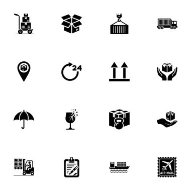 Lojistik simgesi - herhangi bir boyuta genişlet - herhangi bir renge değiştir. Kusursuz Düz Vektör, gemi, kamyon, kutu, teslimat, sevkiyat, forklift, yük, hava, sembol, ulaşım, iş, posta gibi simgeleri içerir