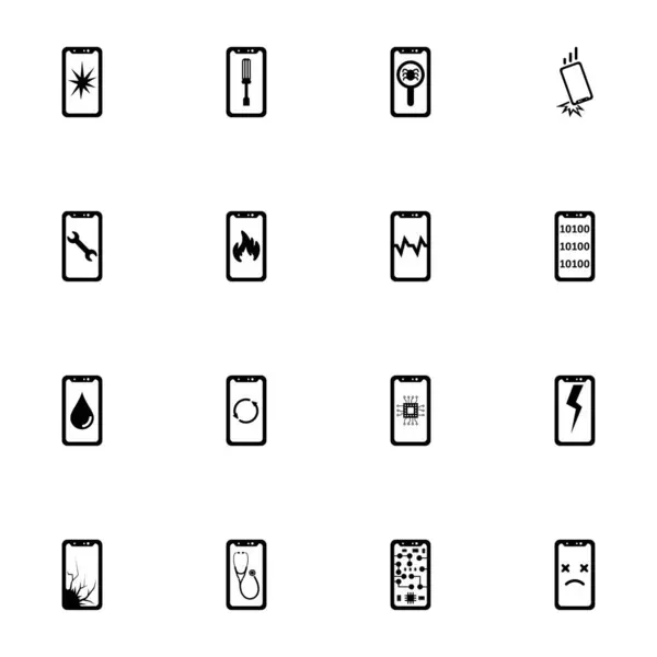 Akıllı Telefon Tamir simgesi - herhangi bir boyuta genişlet - herhangi bir renge değiştir. Kusursuz Düz Vektör, çatlak telefon, bozuk ekran, yeniden faktörize etme, düzeltme, aşırı ısınma, yenilenmiş aygıt gibi simgeleri içerir