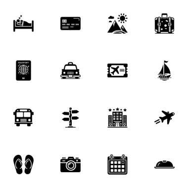 Seyahat simgesi - herhangi bir boyuta genişlet - herhangi bir renge değiştir. Mükemmel Düz Vektör, taksi arabası, otobüs, transfer, uçak, bagaj, varış yeri, pasaport, tatiller, parmak arası terlikler, yat gibi simgeleri içerir