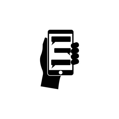 Mesajlaşan Sms Uygulaması düz vektör simgesi ile Akıllı Telefonu Tutar. Beyaz arkaplanda izole edilmiş basit katı sembol. Akıllı Telefon Mesajlaşması Sms web mobil UI ögesi için tasarım şablonu imzalar