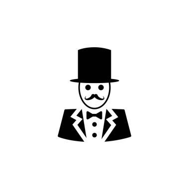 Sirk müdürü, Sirk Seremonisi Ustası ve Şapka Düz Vektör ikonu. Beyaz arkaplanda izole edilmiş basit katı sembol. Sirk Ustası, Sirk Seremonisi UI ögesi için tasarım şablonu imzala