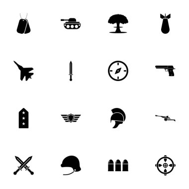 Savaş ikonu - herhangi bir boyuta genişlet - herhangi bir renge değiştir. Mükemmel Düz Vektör, kalkan, kılıç, savaşçı, miğfer, zırh, ortaçağ, güç, nükleer patlama, uçak, tank, top, silah gibi simgeleri içerir.