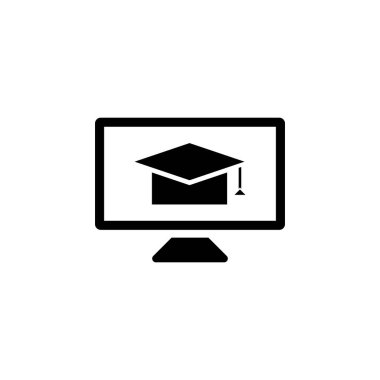 Bilgisayar İzleyici ve Mezuniyet Kapağı, Çevrimiçi Öğrenme Katı Düz Vektör Simgesi Beyaz Arkaplanda İzole Edildi.