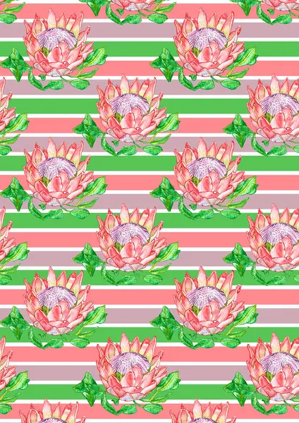 Seamless Pink and Green Protea Pattern