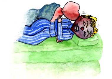 Çocuklar çiziyor. Yatakta titreyen karakter