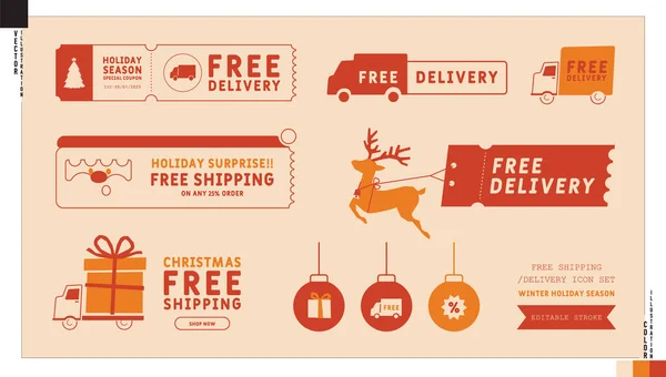 Kış tatili için bedava teslimat ikonları. Nakliye ücreti ikonu setinde Noel tanıtımı.
