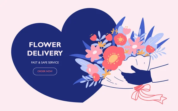 Flower Delivery Service Banner Courier Wearing Gloves While Delivering Landing — Stock Vector