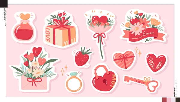 Leuke Sticker Set Van Zoete Liefdeselementen Valentijnsdag Concept Vector Illustratie — Stockvector