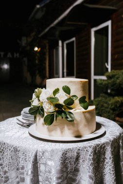 Bir gelin ve bir damat düğün pastalarını kesiyor. Yüksek kalite fotoğraf