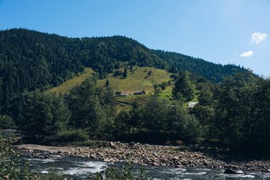 Panorama 'nın altında beyaz sis olan dağlarda güzel bir gün doğumu. Yüksek kalite fotoğraf