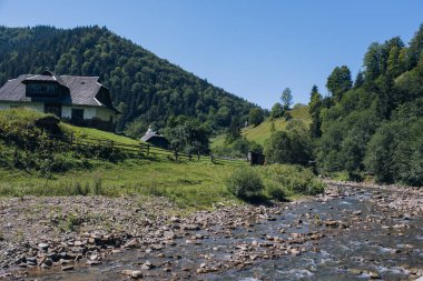 Panorama 'nın altında beyaz sis olan dağlarda güzel bir gün doğumu. Yüksek kalite fotoğraf
