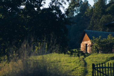 Carpathian dağlarındaki ahşap otel. Konum: Zakarpattya bölgesi, Ukrayna, Avrupa. Yüksek kalite fotoğraf