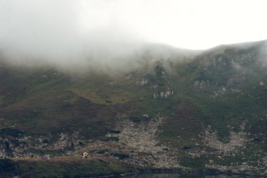 Bir dağ geçidinde yosunlu taşların arasında küçük bir şelale. Konum: Kamianka (Kam 'yanka) nehri, Skole Beskids Ulusal Doğa Parkı, Karpat Dağları, Ukrayna