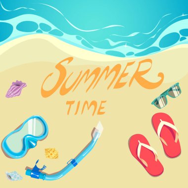 Yaz zamanı, vektör çizimi, dalış maskesi, gözlükler, kabuklar, parmak arası terlikler.