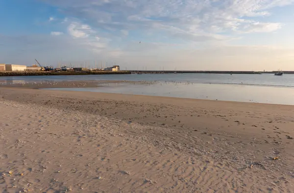 Гавань Повоа Варзімі Португалія Низьким Припливом Пляжем Передньому Плані Кут — стокове фото