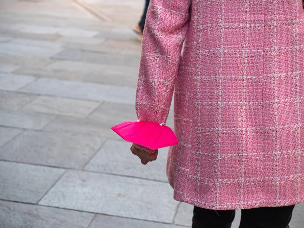 View Lady Pink Jacket Pink Protective Mask Stuffed Her Arm — Zdjęcie stockowe