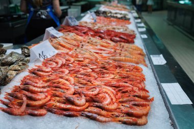 Taze kabuklu deniz ürünleri, taze yakalanmış karides ve Langoustines marketin üstündeki buzda sergileniyor..
