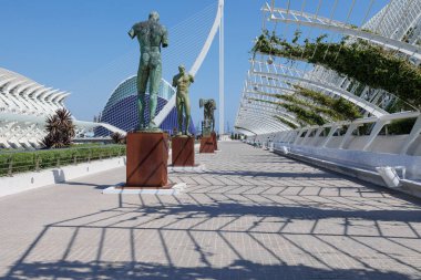 Bronze Statues representing the Human Body near the City of Arts and Sciences Modern Building in Valencia, Spain.