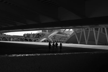Valencia, İspanya 'daki Umbracle Köprüsü ve Sanat ve Bilim Şehri Binası' nın altından bir bakış.