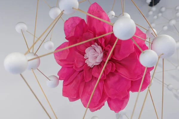 Artistic Depiction Pink Flower Crepe Paper Surrounded Structure White Spheres — Stock Photo, Image