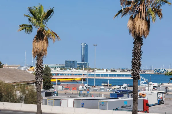 Barcelona Limanı Yakın Bir Sokakta Kamyonlar Palmiye Ağaçları Diğer Araçlar — Stok fotoğraf