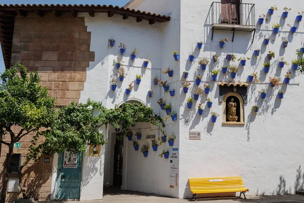 Andalusische Nachbarschaft Weiße Wand Mit Hängenden Vasen Mit Spanischen Blumen — Stockfoto