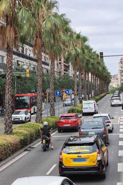 Barcelona Bir Sokak Tavessera Dalt Trafik Araba Palmiye Ağaçları Trafik — Stok fotoğraf
